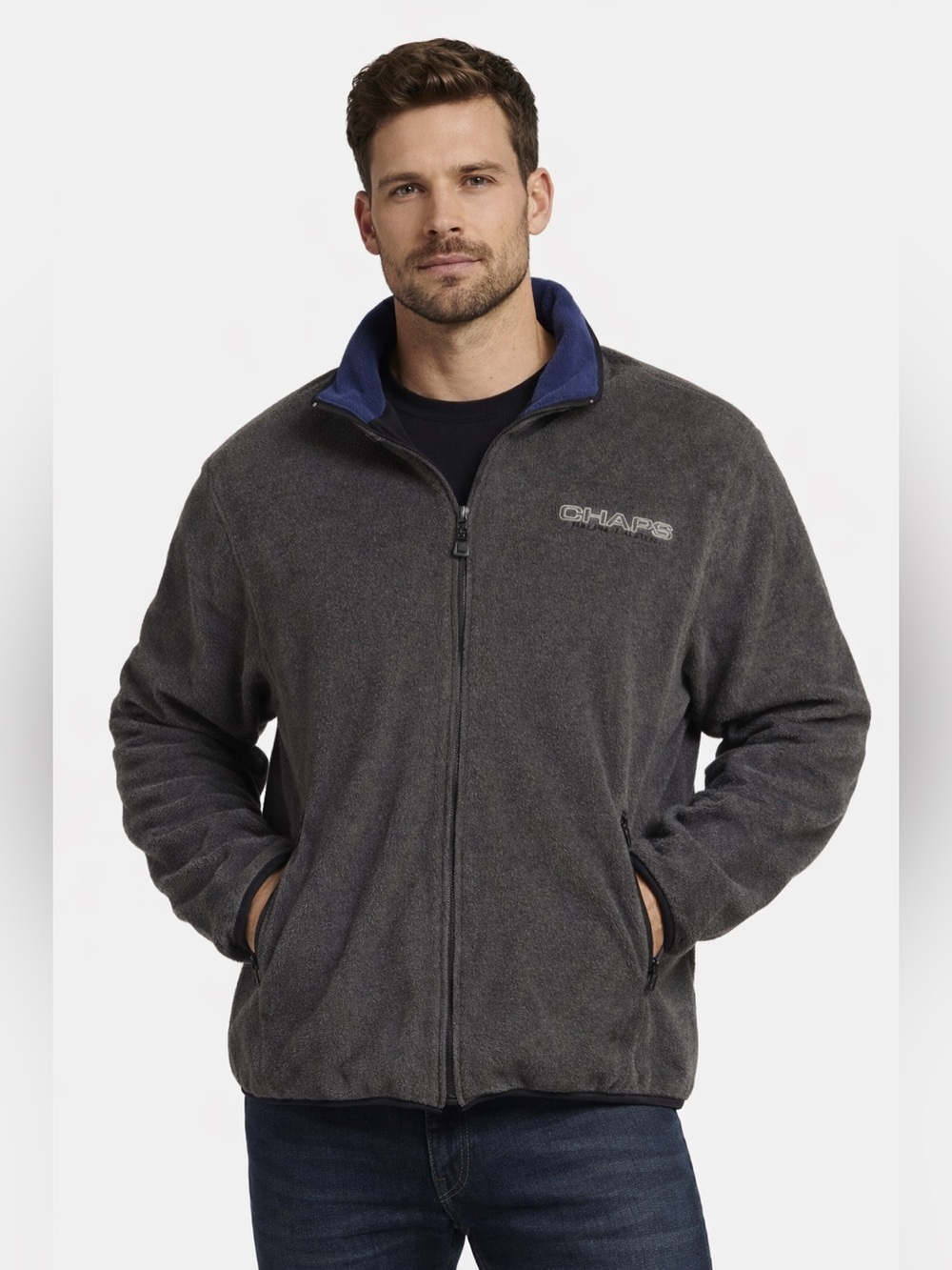 Chaps Men’s Zip Down Fleece Jacket in Grey/Charcoal Sz L